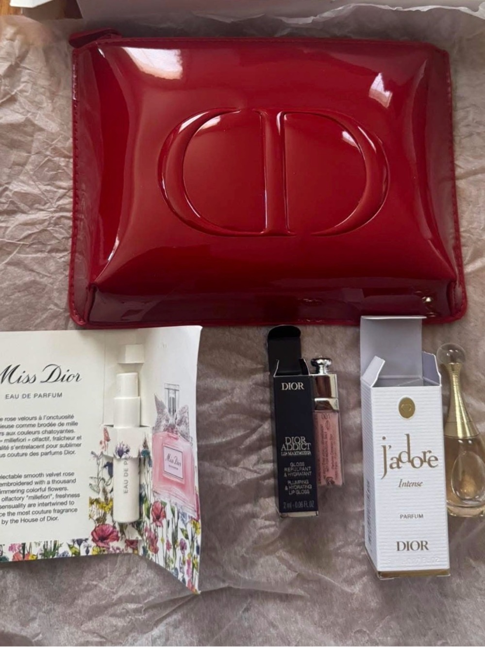 Dior Red Patent CD Embossed Pouch with Lip Gloss & Perfume Samples
